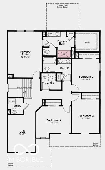 Second Floor Plan - Additional Highlights Include: 60" vanity with double sink at primary bath, smooth wall primary shower in place of tub/shower combo, 12'x12' uncovered patio, and water softener rough-in