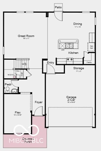 First Floor Plan - Additional Highlights Include: 60" vanity with double sink at primary bath, smooth wall primary shower in place of tub/shower combo, 12'x12' uncovered patio, and water softener rough-in