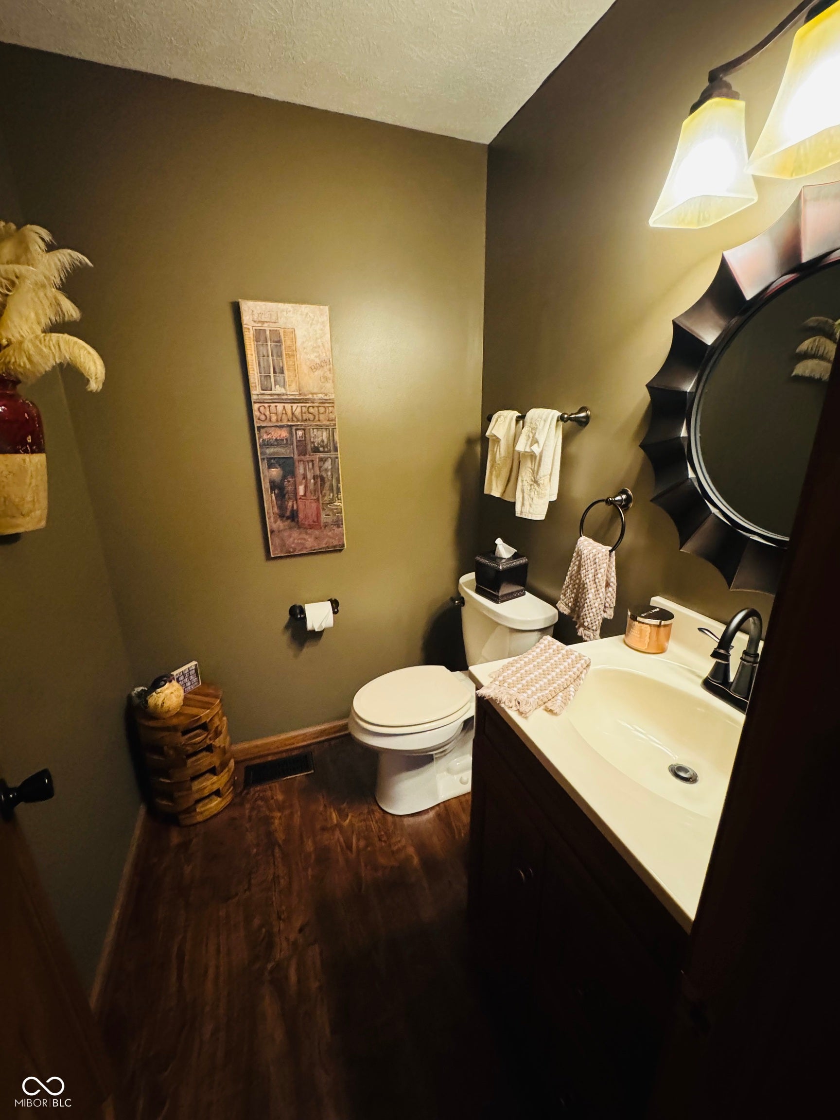 Wood-finish flooring, single vanity with integrated sink, and dark wall paint