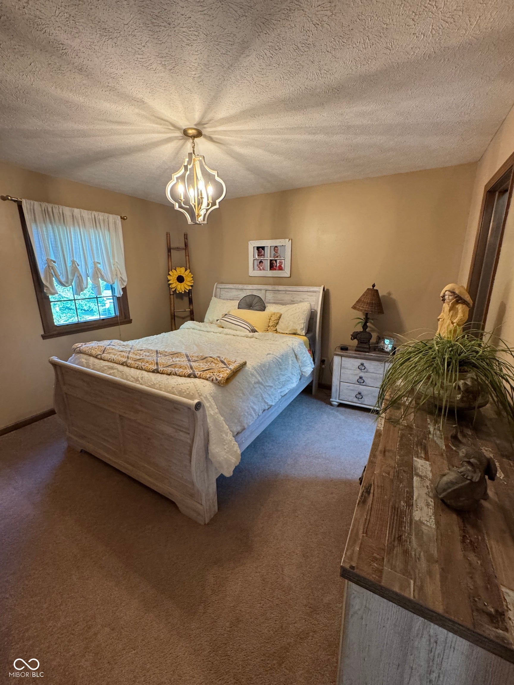 Carpeted flooring, window with natural light, and a stylish ceiling light fixture