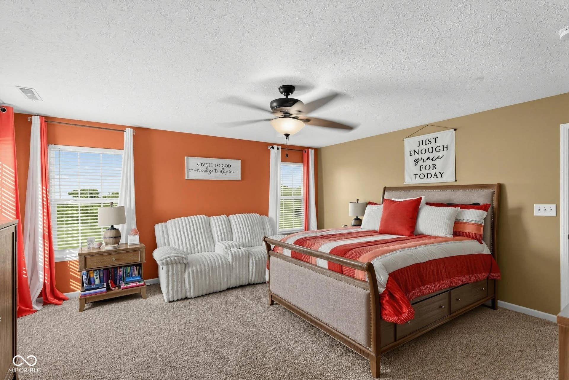 3394 S Bennett Drive, New Palestine, IN 46163 Carpeted flooring, ceiling fan, multiple windows with blinds, and recessed lighting