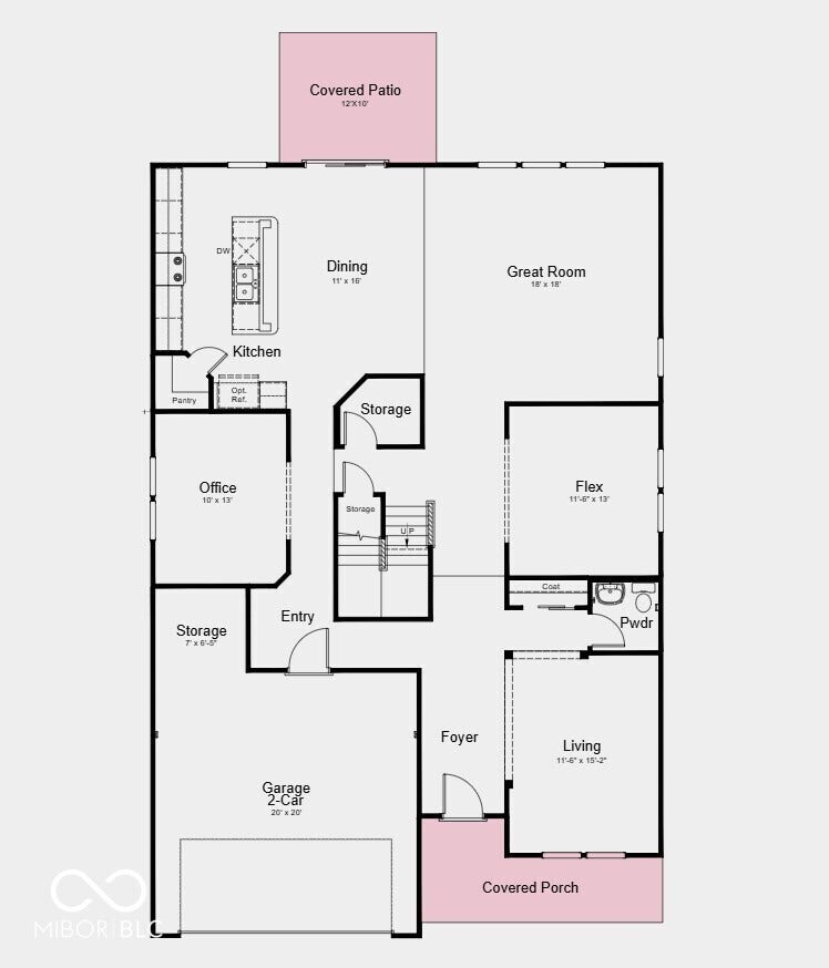 First Floor Plan - Additional Highlights Include: covered front porch, covered patio, stand up shower in primary bathroom, and water softener rough-in