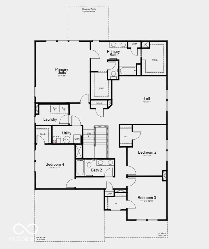 Second Floor Plan - Additional Highlights Include: covered front porch, covered patio, stand up shower in primary bathroom, and water softener rough-in