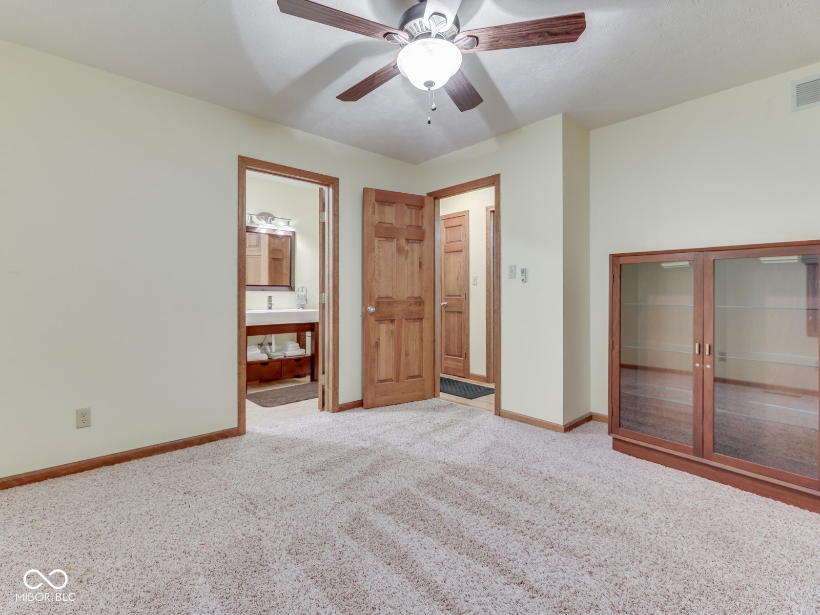Plush carpet flooring, wood-paneled doors, a ceiling fan with integrated lighting, and a built-in display cabinet