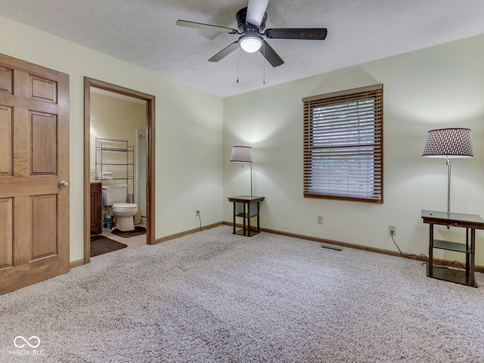 Plush carpet flooring, wood-paneled door, window with blinds, ceiling fan with light, and an en-suite bathroom