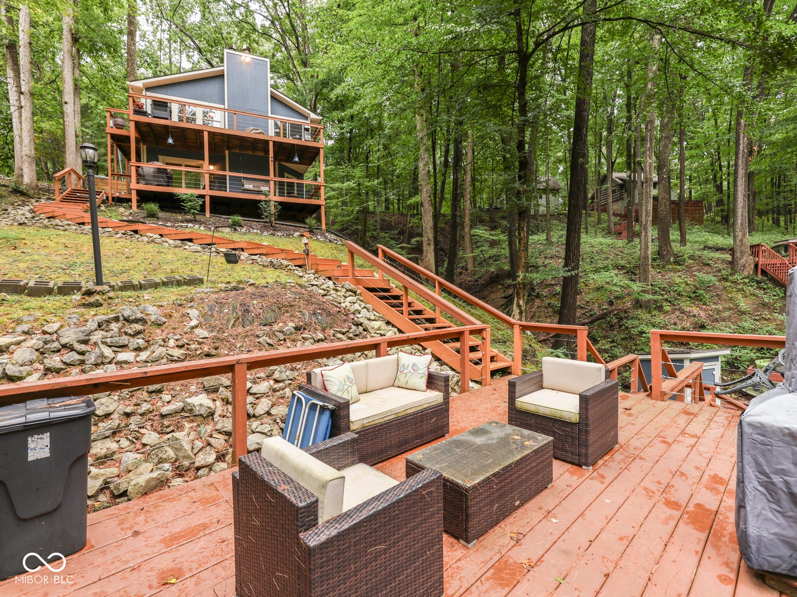 Expansive multi-level decking with wood railings