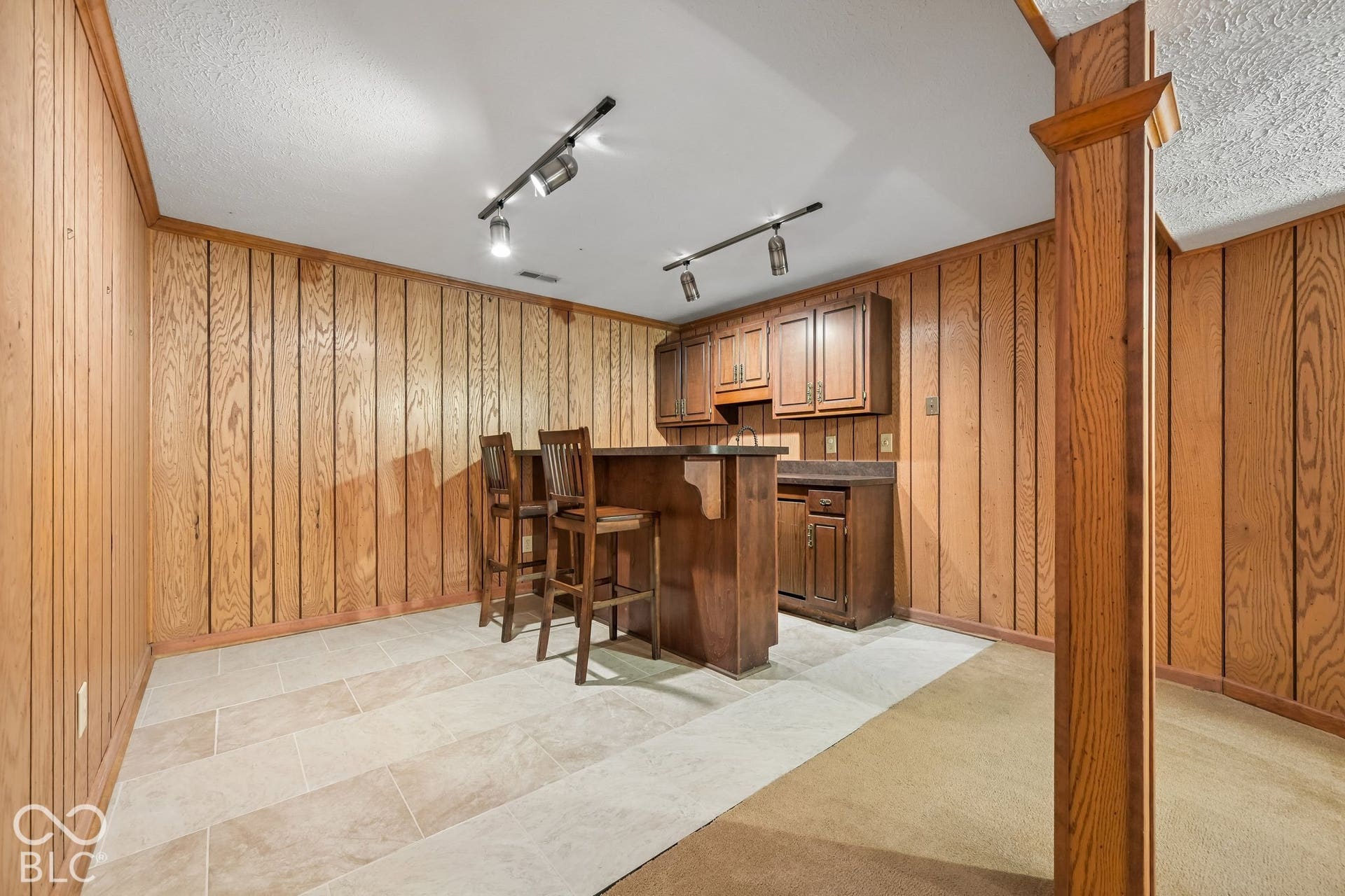 Wood-paneled room featuring a built-in wet bar with cabinetry, track lighting, and a combination of tile and carpet flooring
