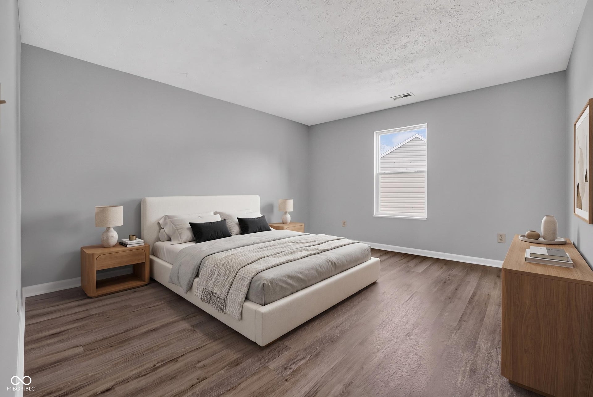 Virtually Altered - Wood-finish flooring with light gray walls and white trim