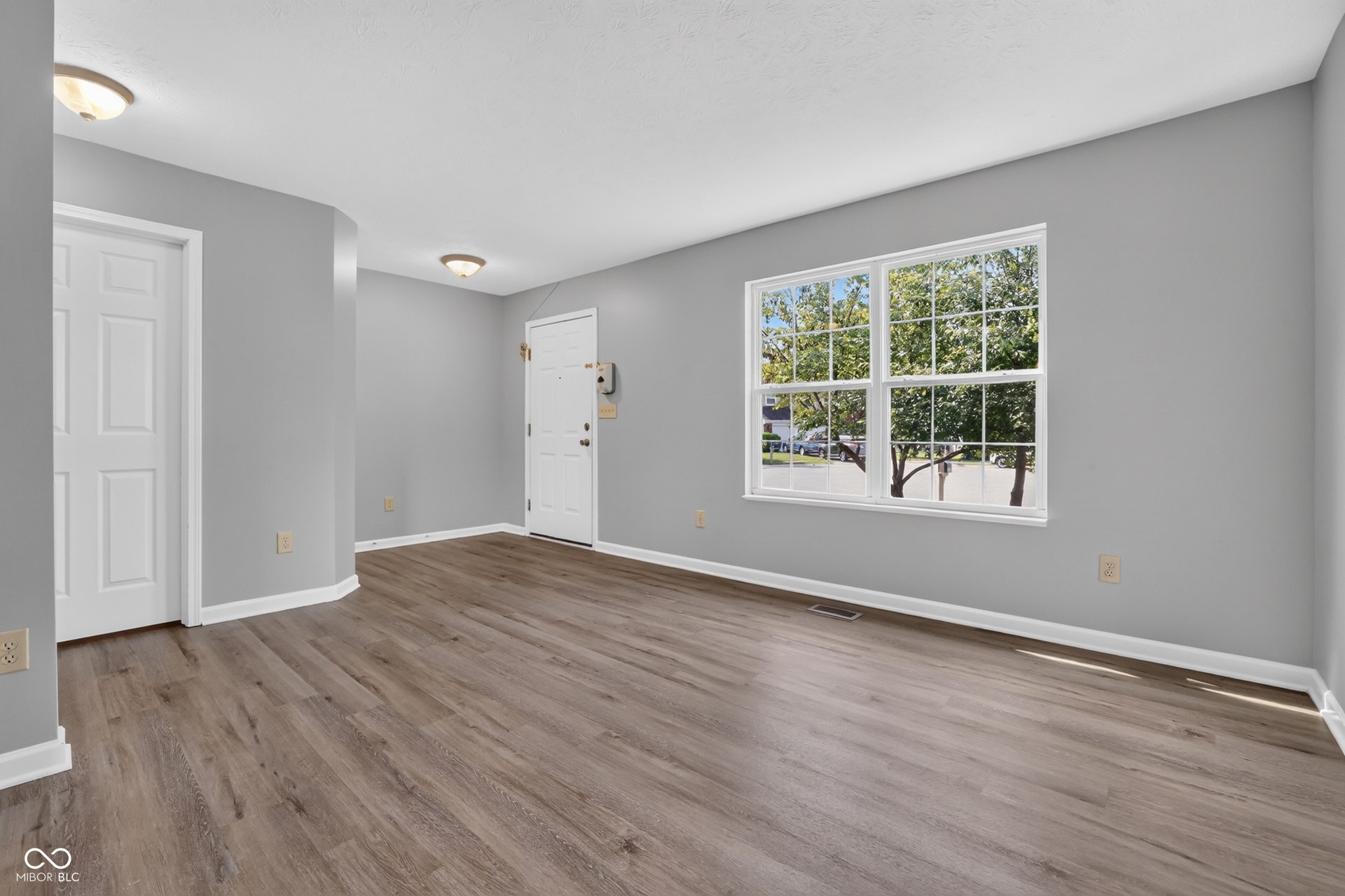 Wood-finish flooring throughout, white trim, and light gray wall paint