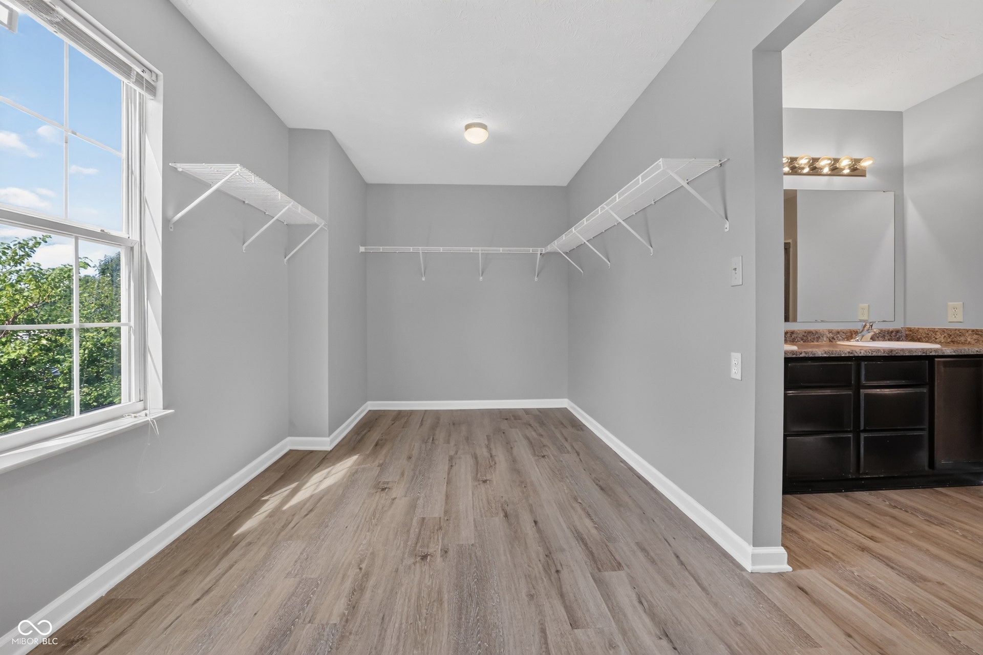 Walk-in closet with wire shelving, wood-finish flooring, and a large window
