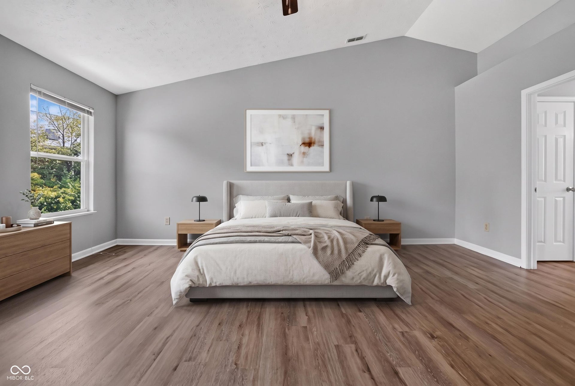 Virtually Altered - Vaulted ceiling with a ceiling fan, recessed lighting, wood-finish flooring, and a window with blinds