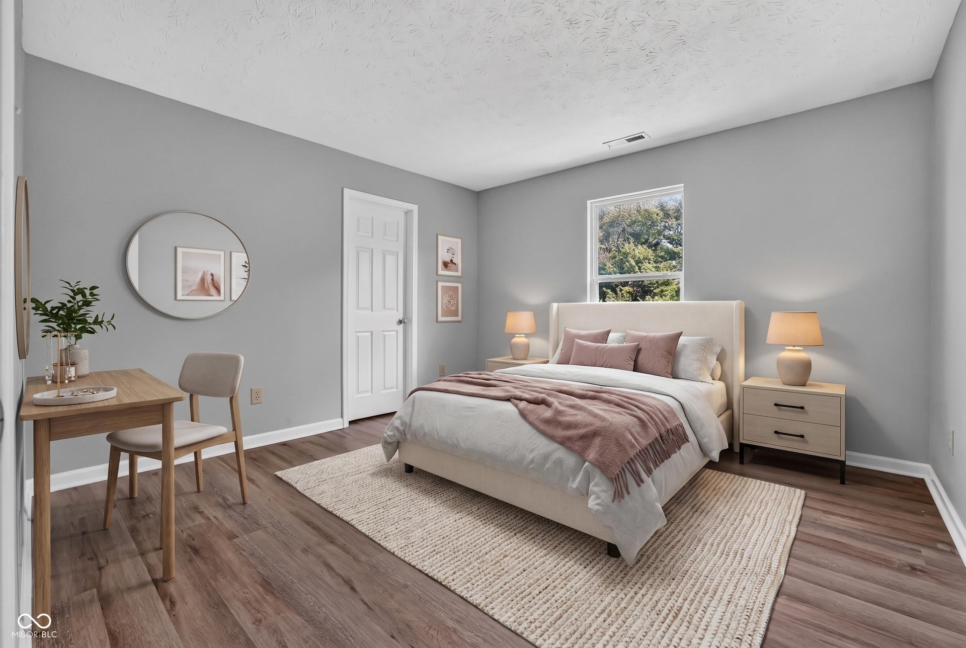 Virtually Altered - Wood-finish flooring with a neutral wall palette, single window, and a paneled interior door