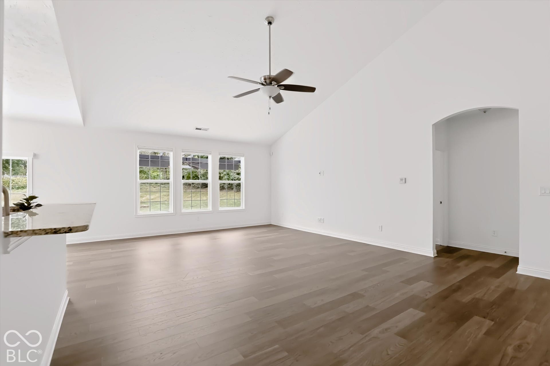 6520 Coughlan Drive, Indianapolis, IN 46278 Vaulted ceiling with a ceiling fan, wood-finish flooring, a series of three windows, an arched doorway, and a breakfast bar with a stone countertop
