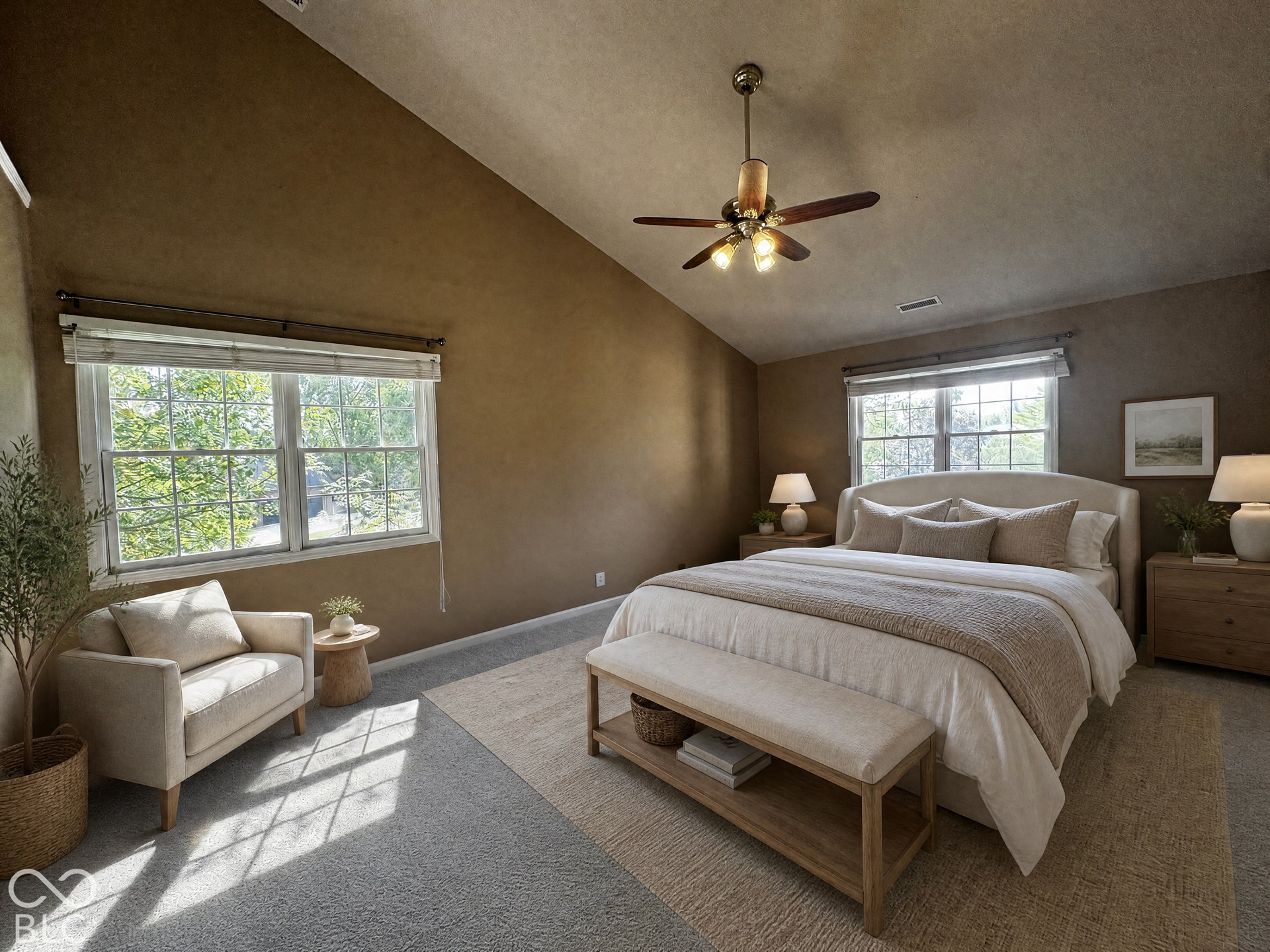 Virtually Altered - Vaulted ceiling featuring a ceiling fan with integrated lighting