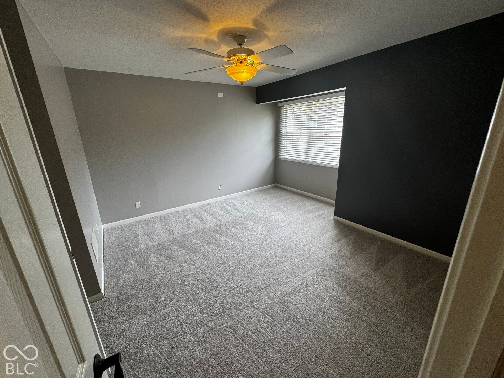 Carpeted room with a ceiling fan light fixture, window with blinds, and a contrasting accent wall