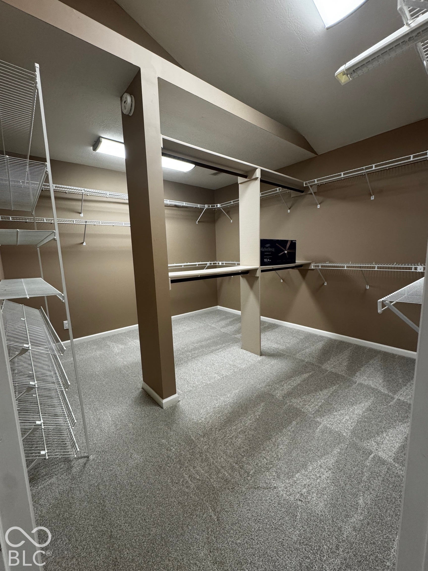 Spacious walk-in closet with extensive wire shelving, neutral carpeting, and wood shelving