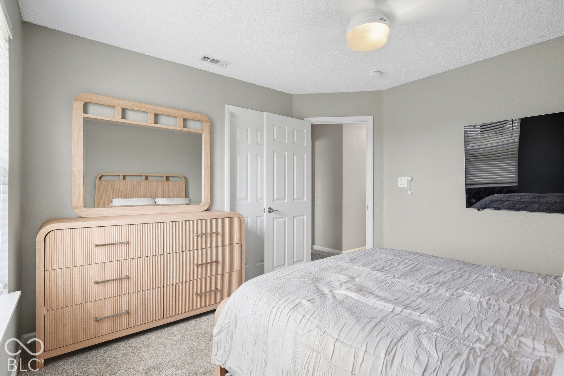 Neutral wall color, carpet flooring, a closed interior door, an open interior door, and a ceiling-mounted light fixture
