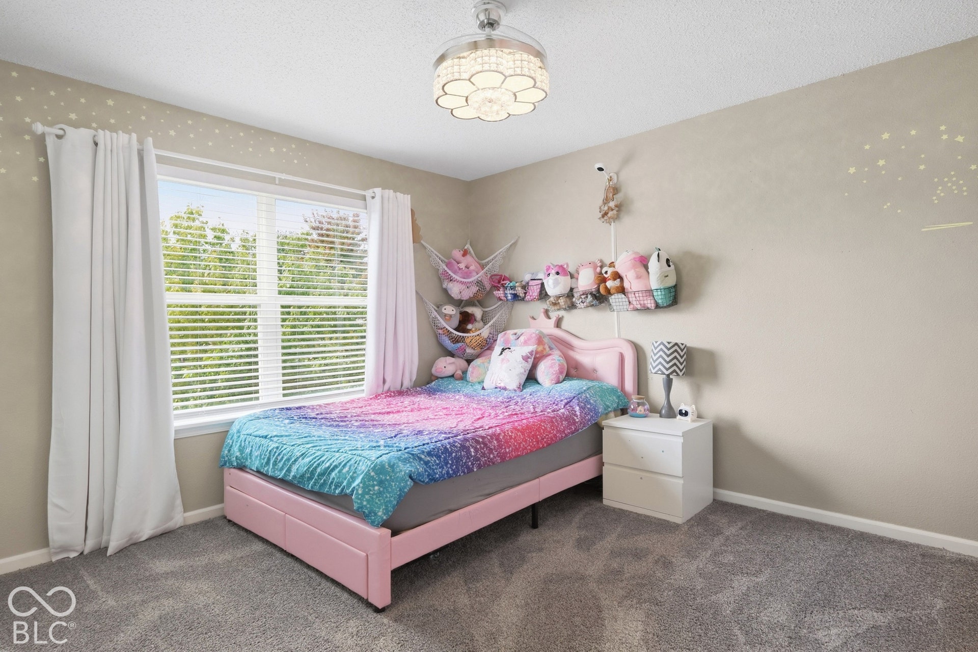 Carpeted room with a ceiling fan, a window with blinds, and neutral wall tones