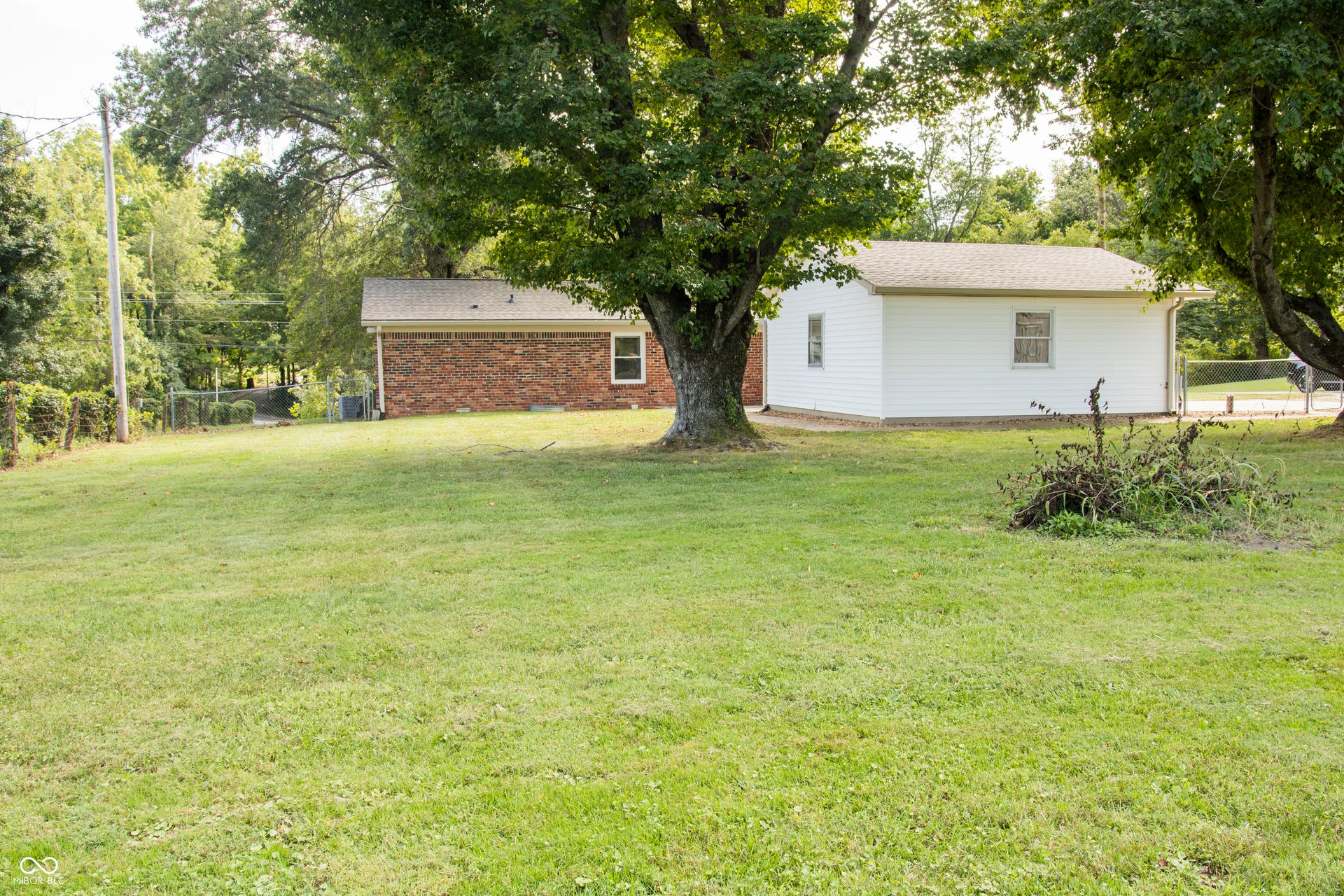 Expansive grassy lawn with mature trees and a chain-link fence