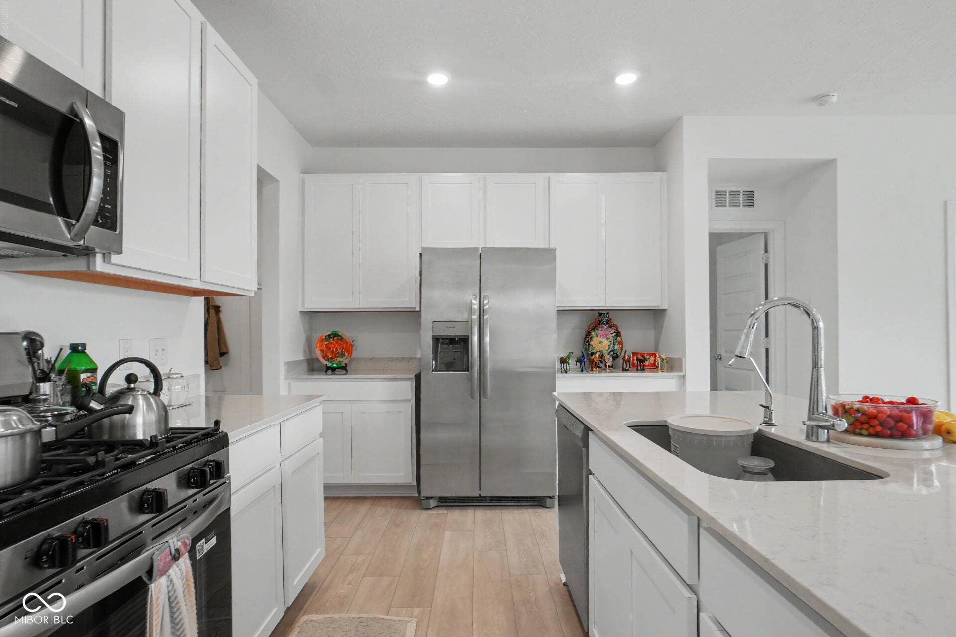 4357 Red Pine Drive, Bargersville, IN 46106 Modern kitchen featuring white cabinetry, stainless steel appliances including a dual-fuel range and side-by-side refrigerator, quartz countertops, an island with undermount sink and chrome faucet, recessed lighting, and wood-finish flooring throughout