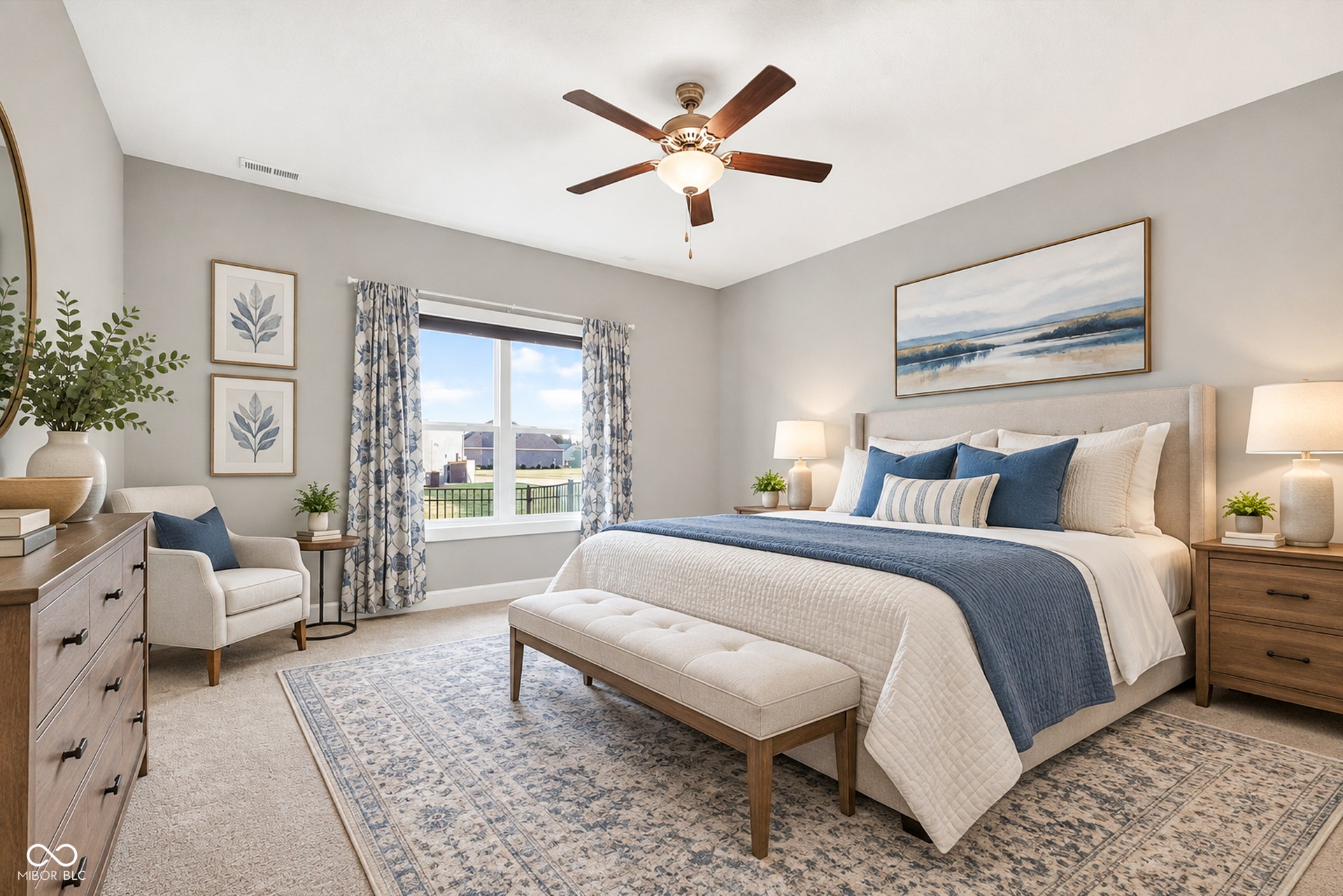 Virtually Altered - Carpeted flooring, a ceiling fan with integrated lighting, a window with a white frame, and light gray wall paint