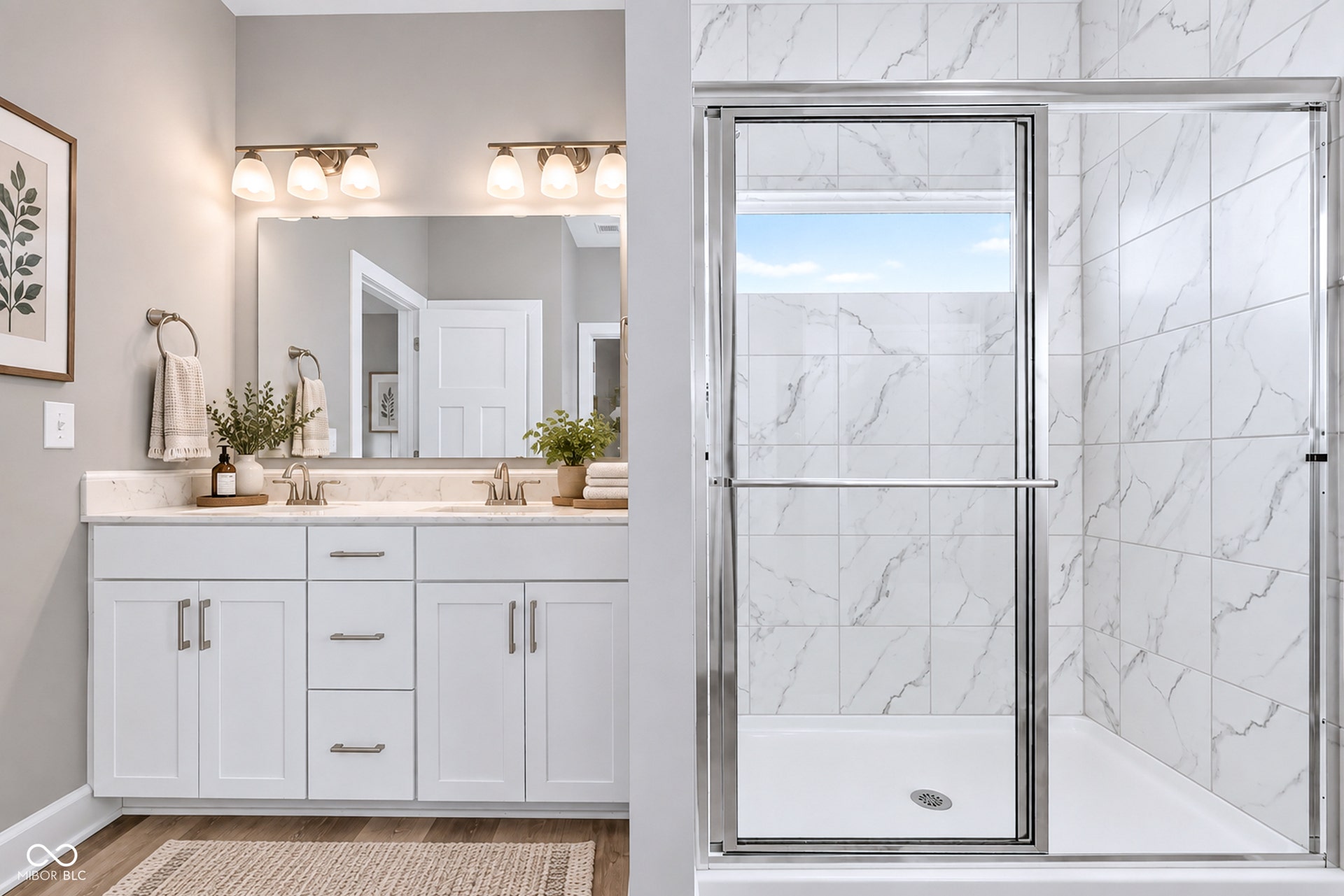 Virtually Altered - Dual vanity with white cabinetry, brushed nickel hardware, and a light-toned countertop