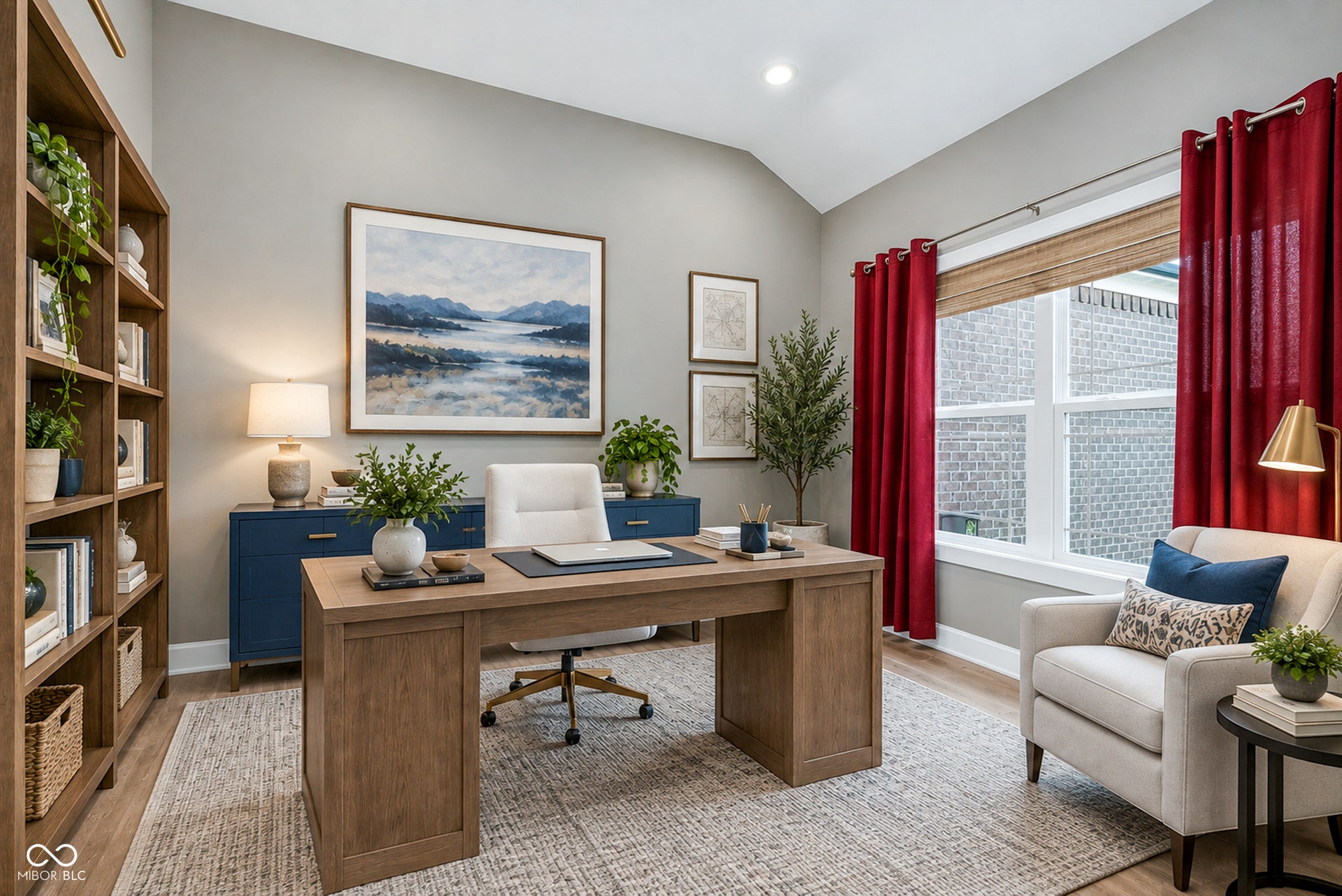 Virtually Altered - Vaulted ceiling, wood-finish flooring, built-in shelving, large window, and recessed lighting