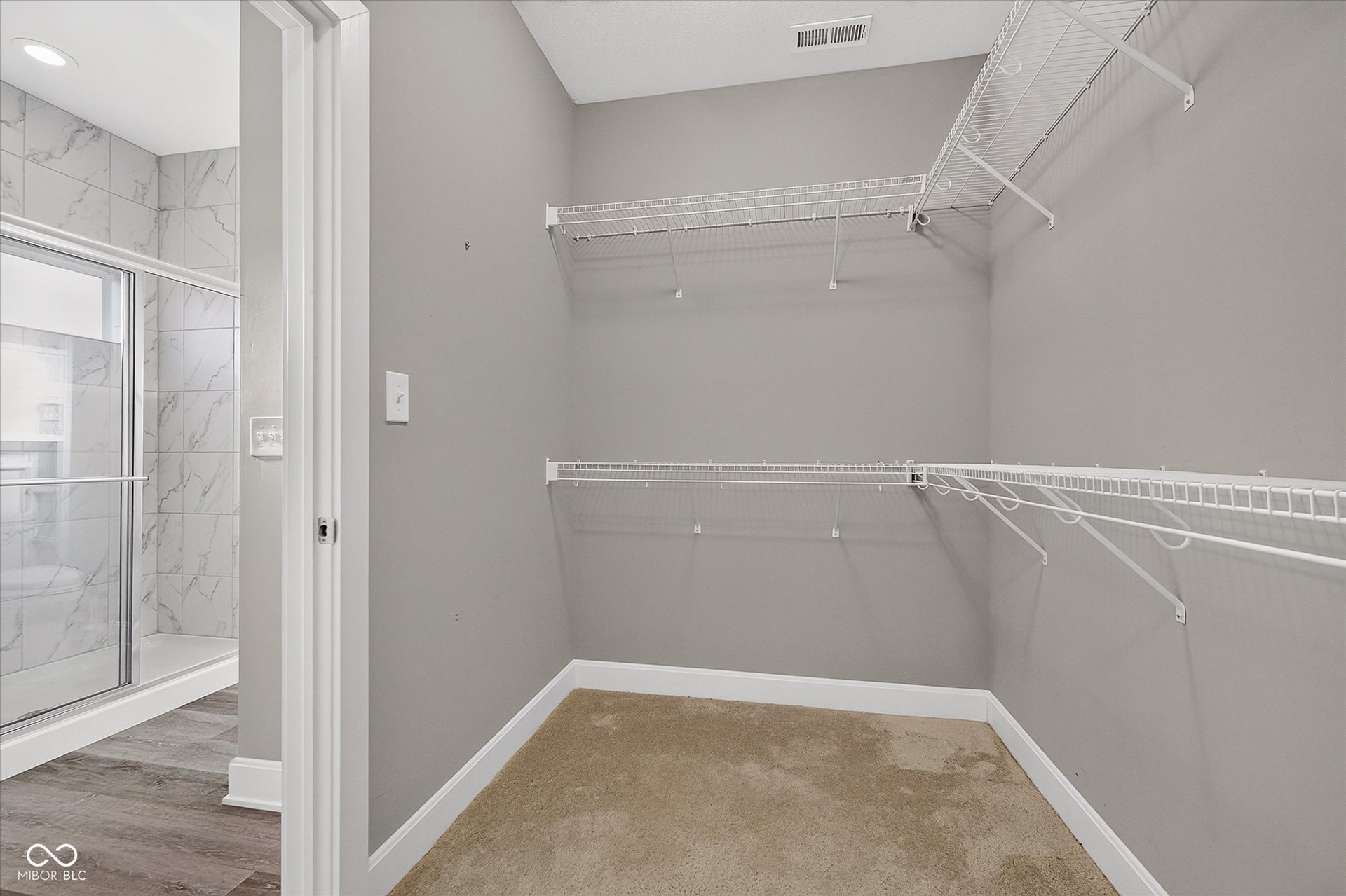 Walk-in closet with carpet flooring and extensive wire shelving