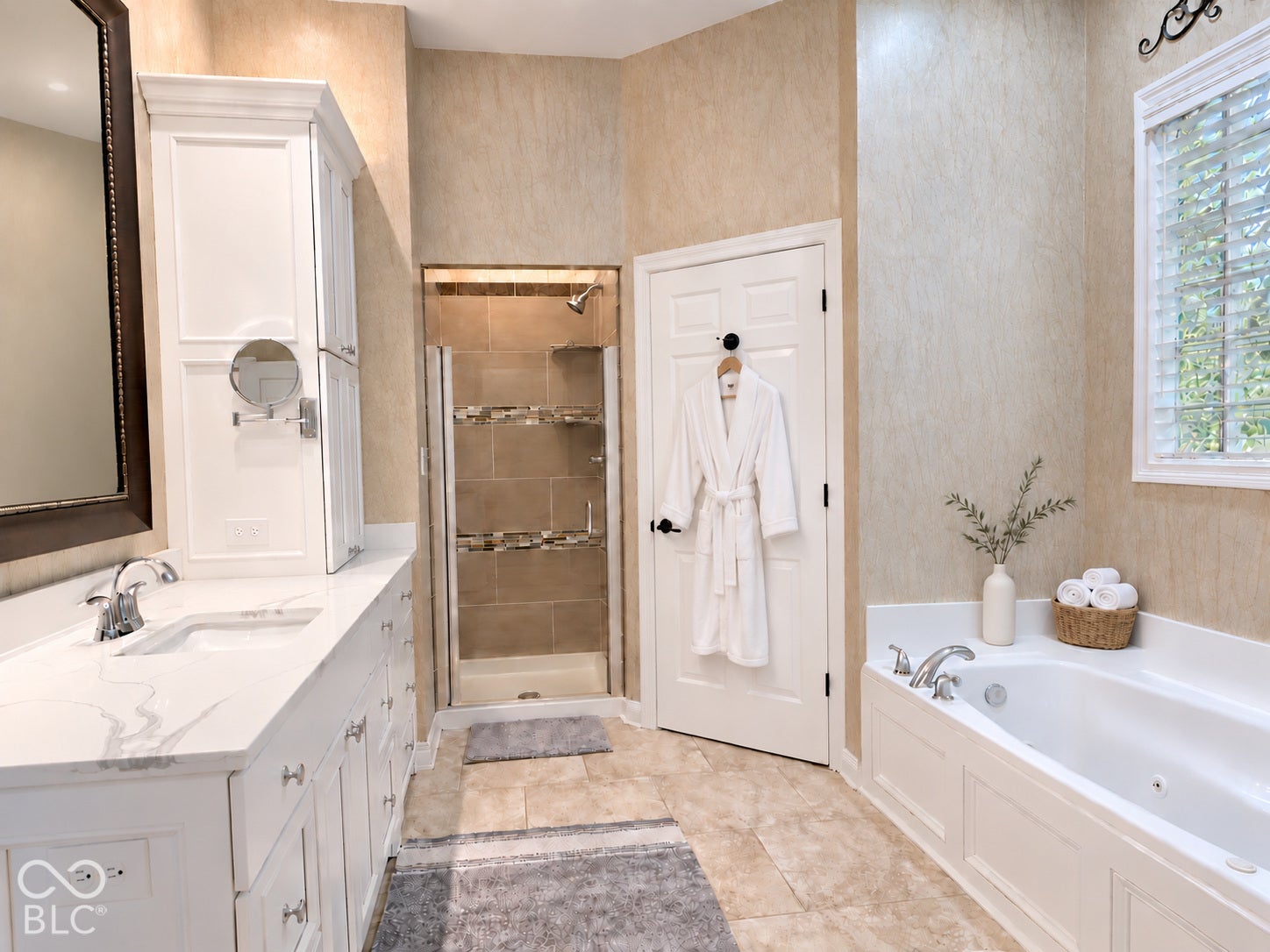 Light and bright vanity with linen cabinet, double walk-in closets, stay warm in this walk-in tiled shower, built-in bathtub, and tiled flooring