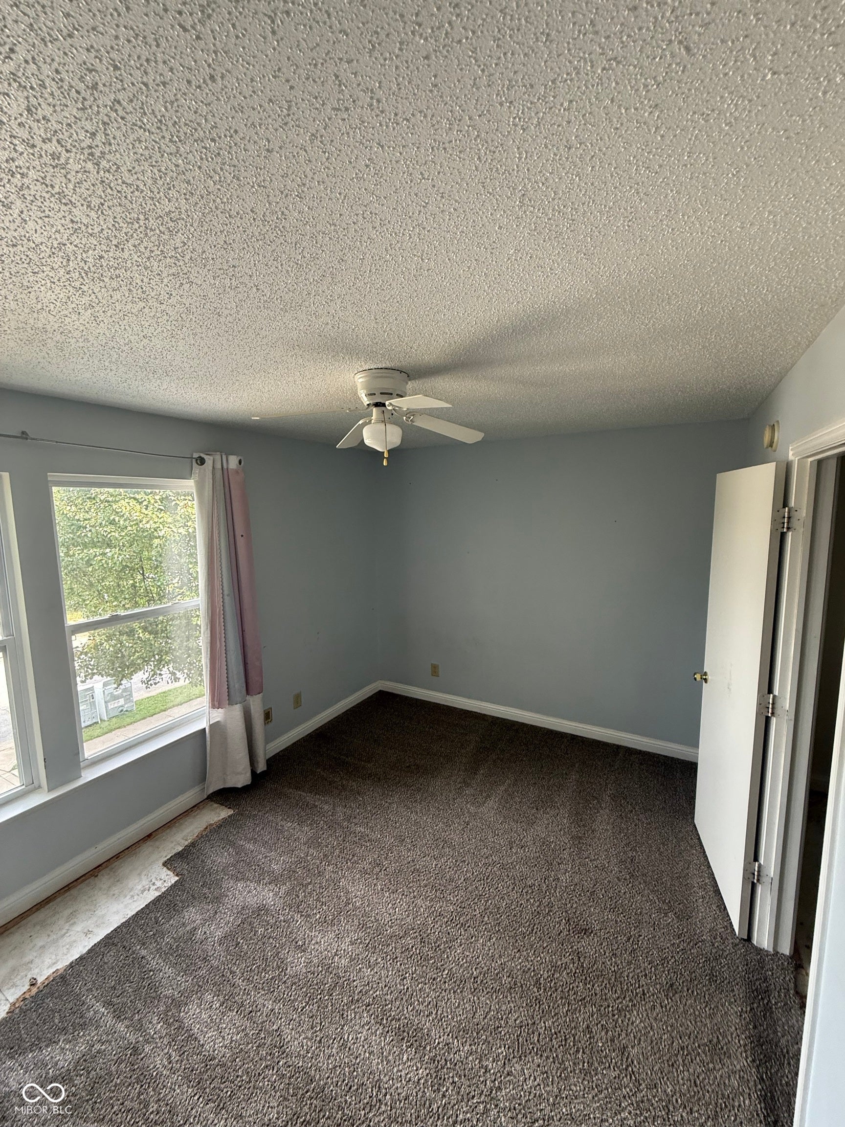 6235 E Mariah Hill Lane, Camby, IN 46113 Spacious bedroom featuring neutral wall finishes, textured ceiling, ceiling fan with integrated lighting, carpeted flooring, and abundant natural light from large window with operable blinds