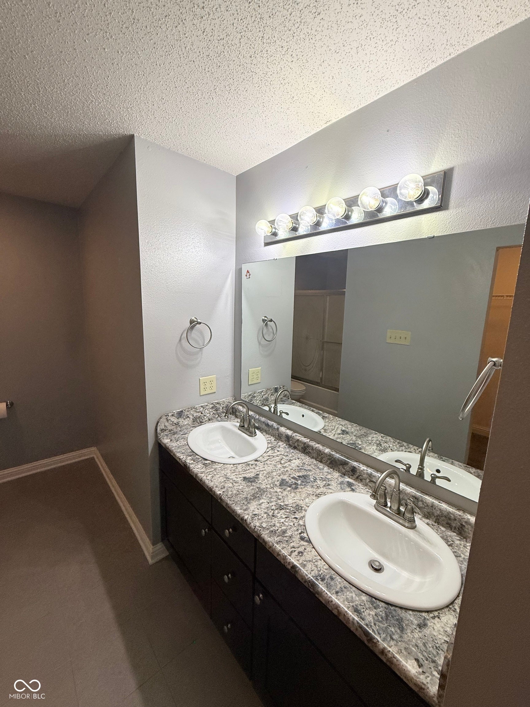 6235 E Mariah Hill Lane, Camby, IN 46113 Double vanity with dark wood-finish cabinetry, white oval sinks, and a speckled countertop