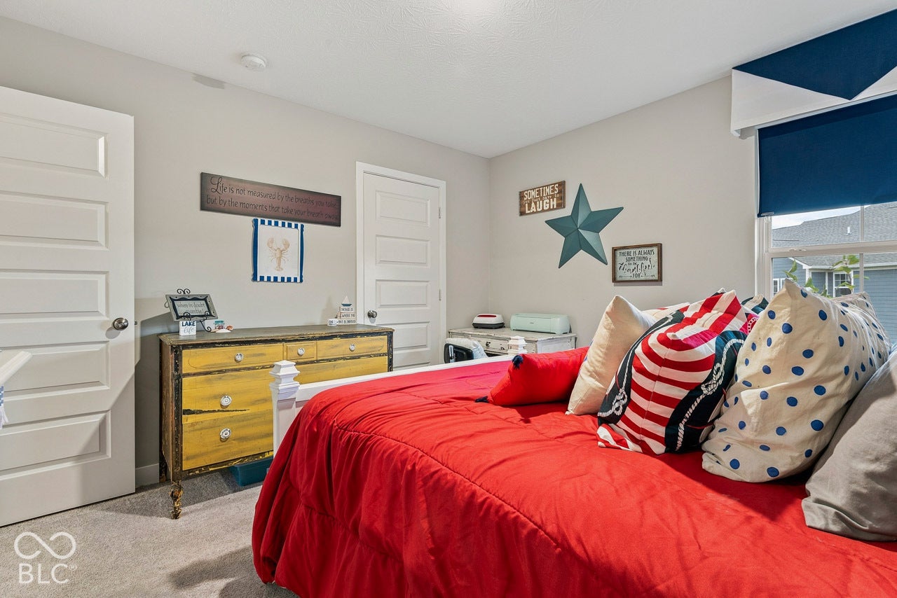 Neutral wall color, carpeted flooring, paneled doors, and window with roller shade