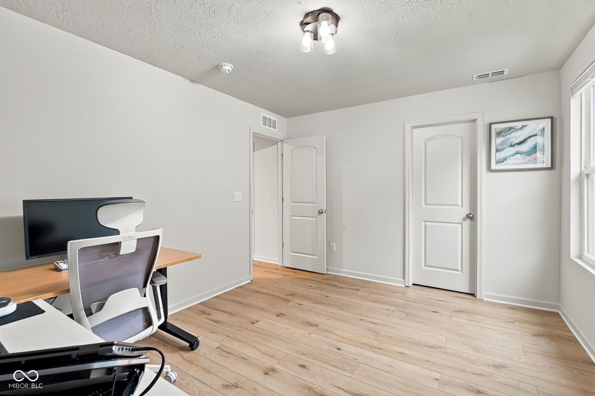 Wood-finish flooring, white walls, two white panel doors, and a window with natural light
