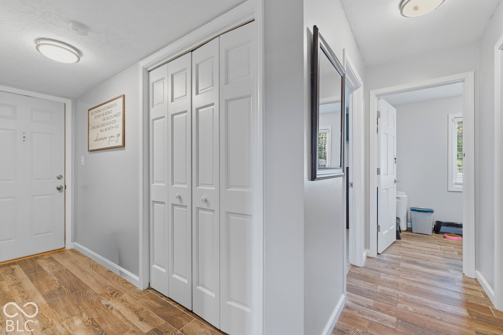 Wood-finish flooring throughout, white interior doors, and modern flush-mount lighting fixtures
