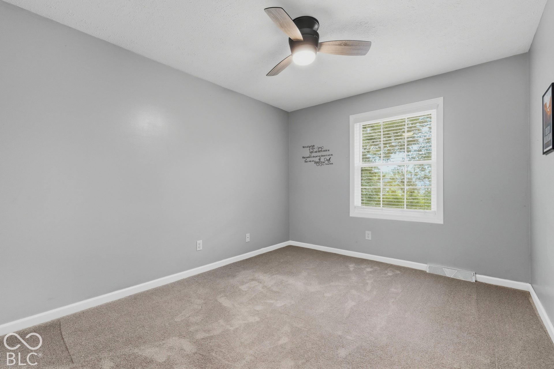 Neutral gray wall paint, carpeting, ceiling fan with light fixture, and a white-framed window