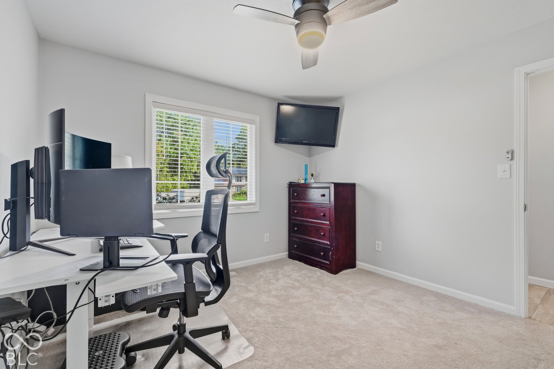Recessed lighting, ceiling fan, neutral wall paint, carpet flooring, and a single window