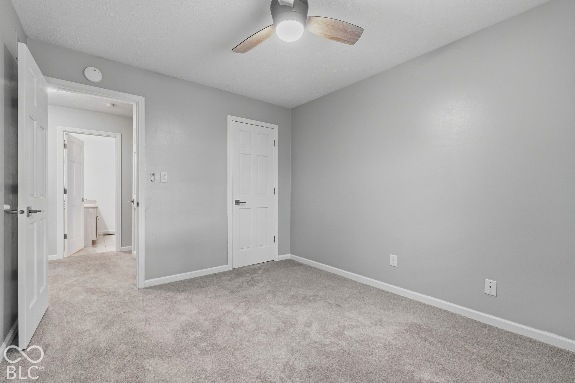 Carpeted flooring with light gray walls, white doors, and a ceiling fan