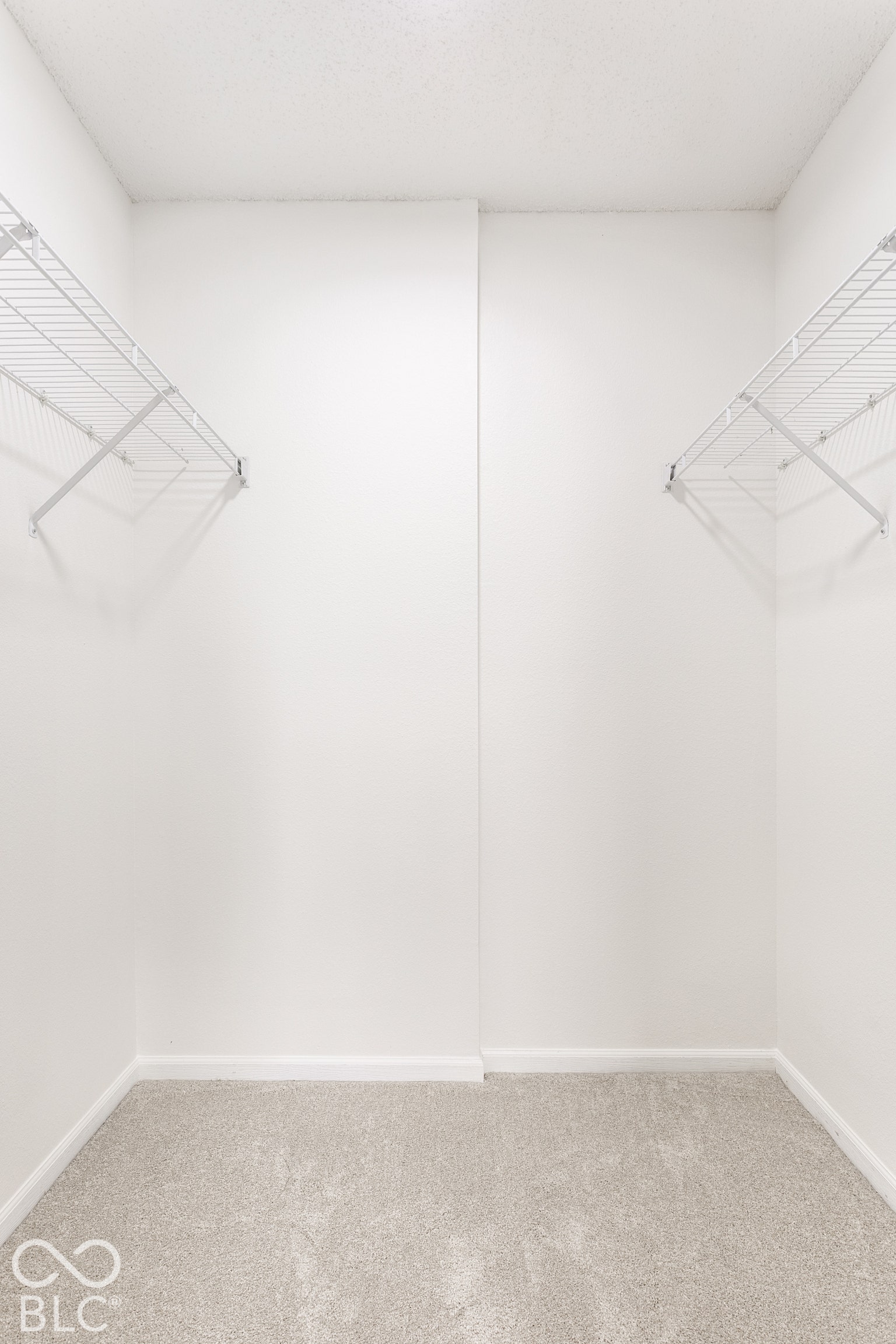 Wall-to-wall carpeting with wire shelving system