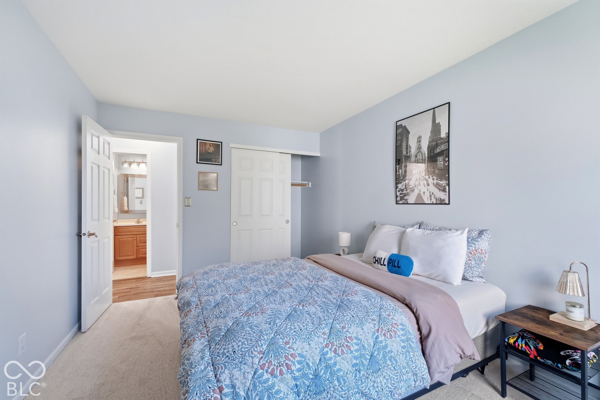 Carpeted flooring, light blue wall paint, and a sliding closet door