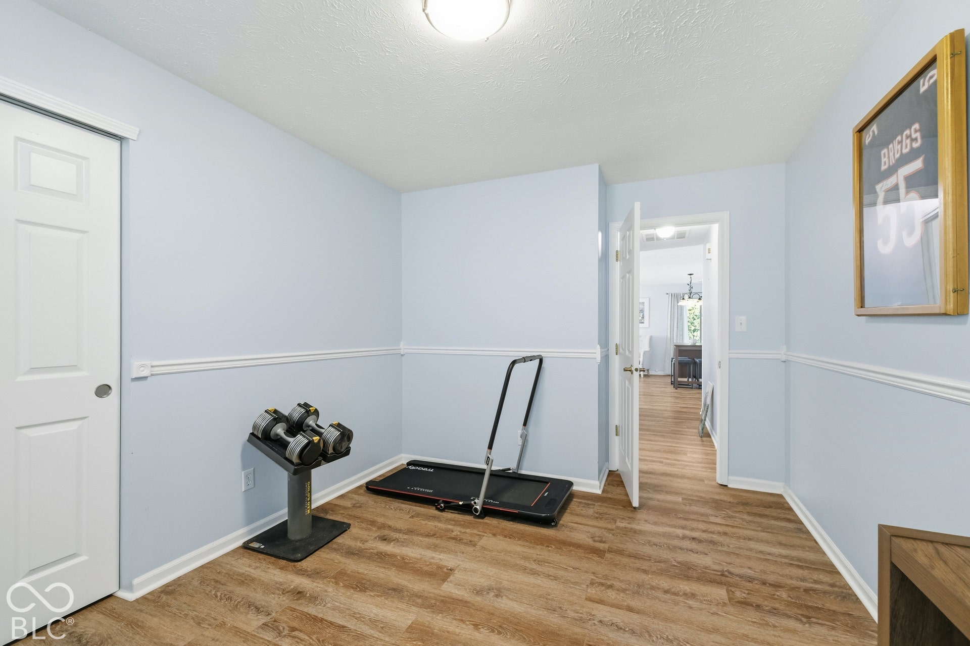 Wood-finish flooring, light blue painted walls, white chair rail molding, white trim, and a built-in closet with white doors