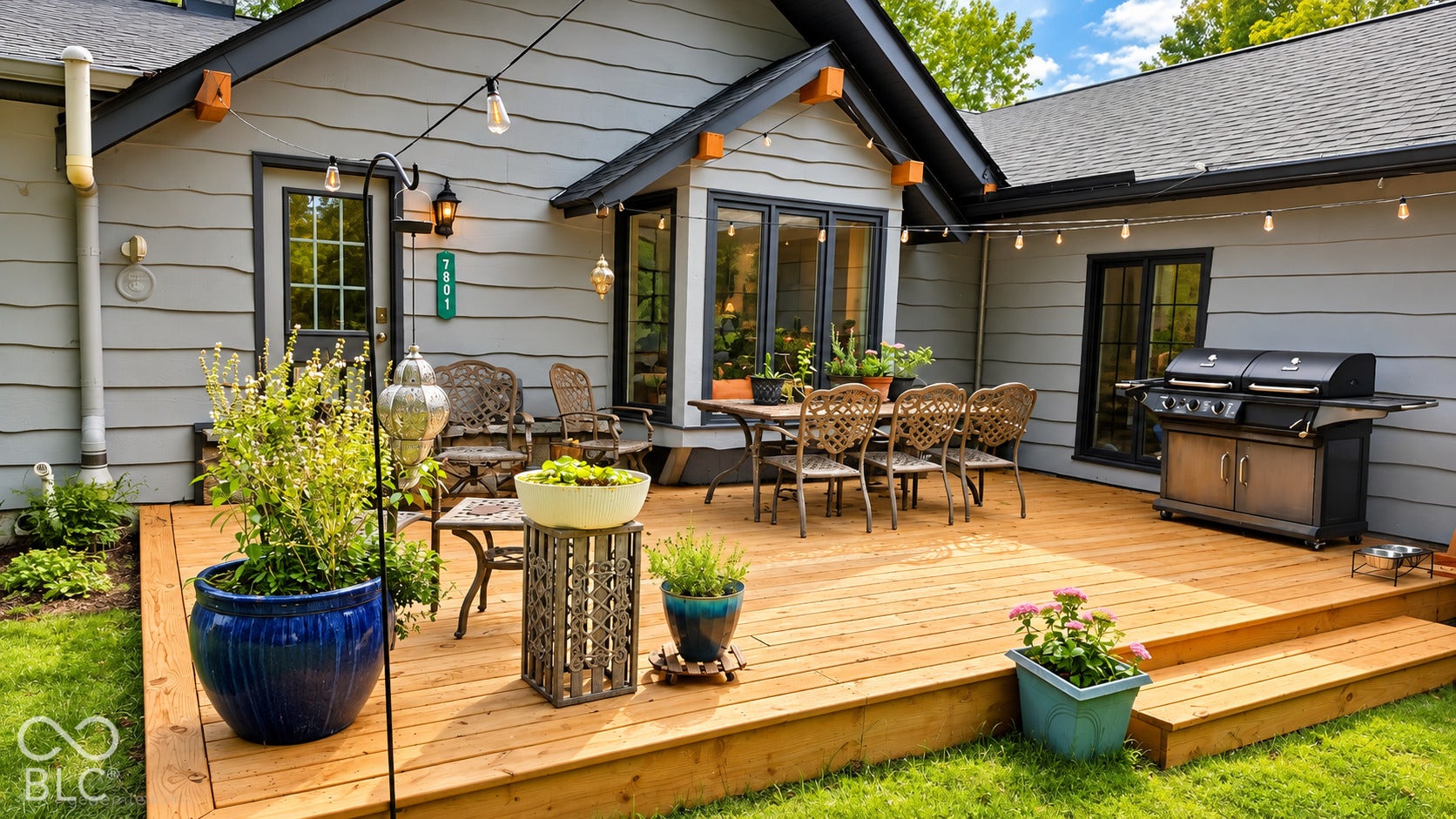 Expansive wood deck with tiered steps, featuring a bay window, dark-framed windows, and a gray cedarsiding exterior