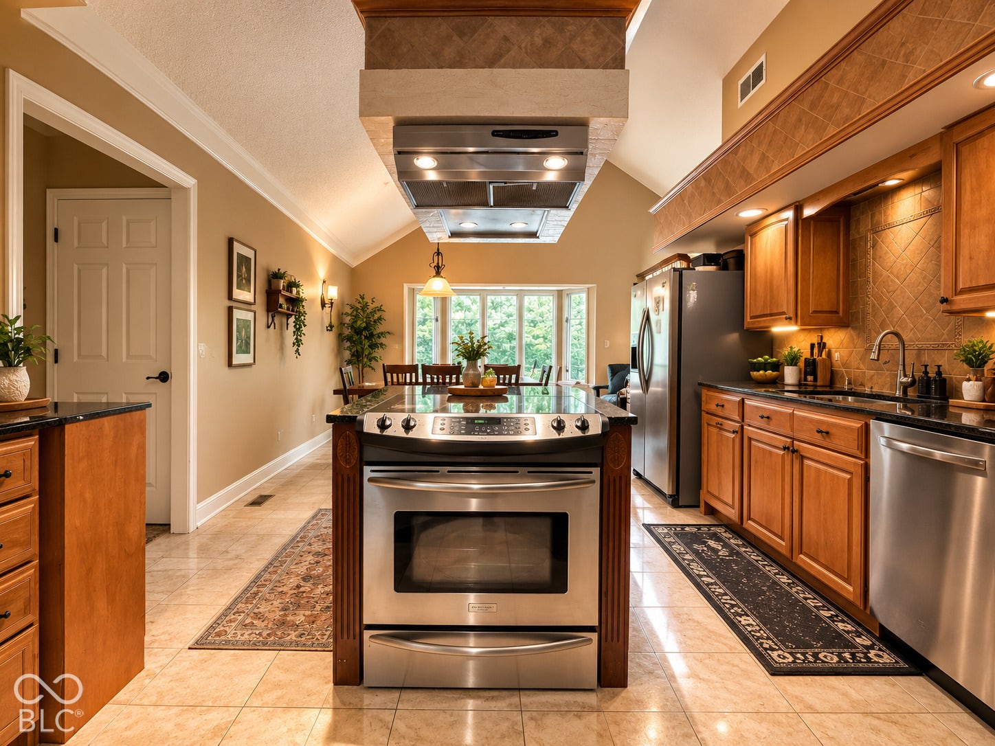 Kitchen featuring a central island with a built-in range, stainless steel appliances, wood cabinetry, dark countertops, and tile flooring