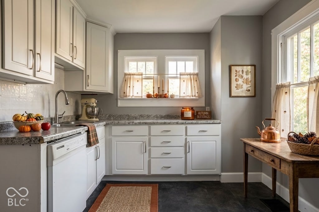 Virtually Altered - White cabinetry with brushed nickel hardware, light-toned countertops, and dark floor tiling