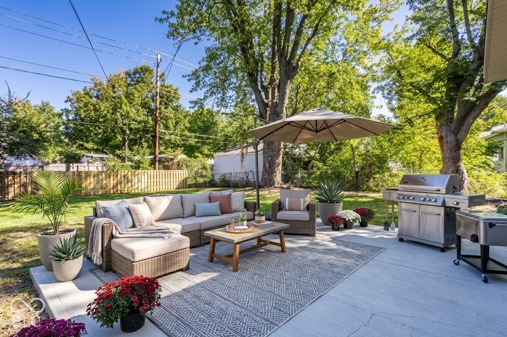 Virtually Altered - Expansive backyard concrete patio with a privacy fence and mature trees
