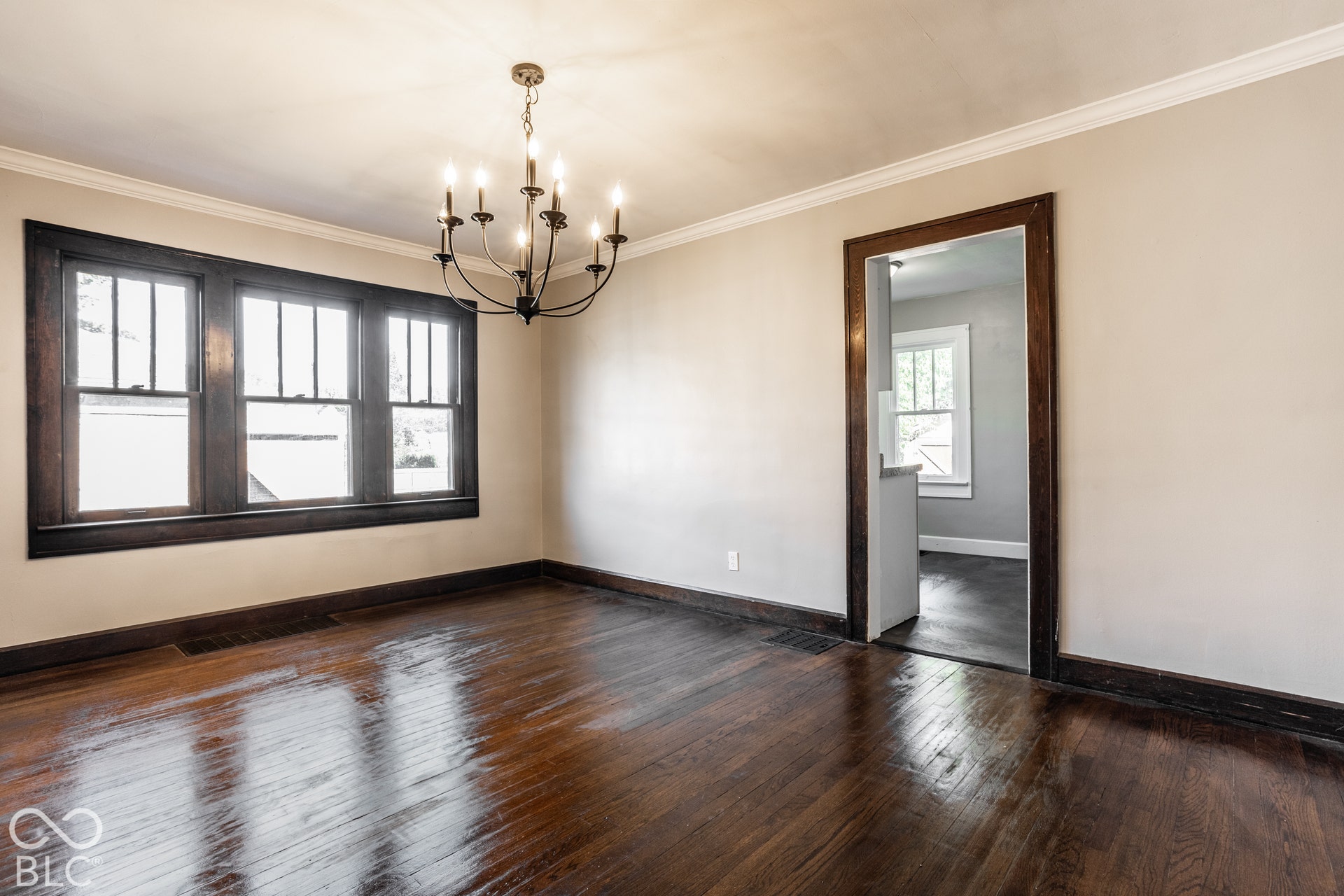 Hardwood flooring, dark wood-trim windows, six-light chandelier, crown molding, and dark wood doorframe