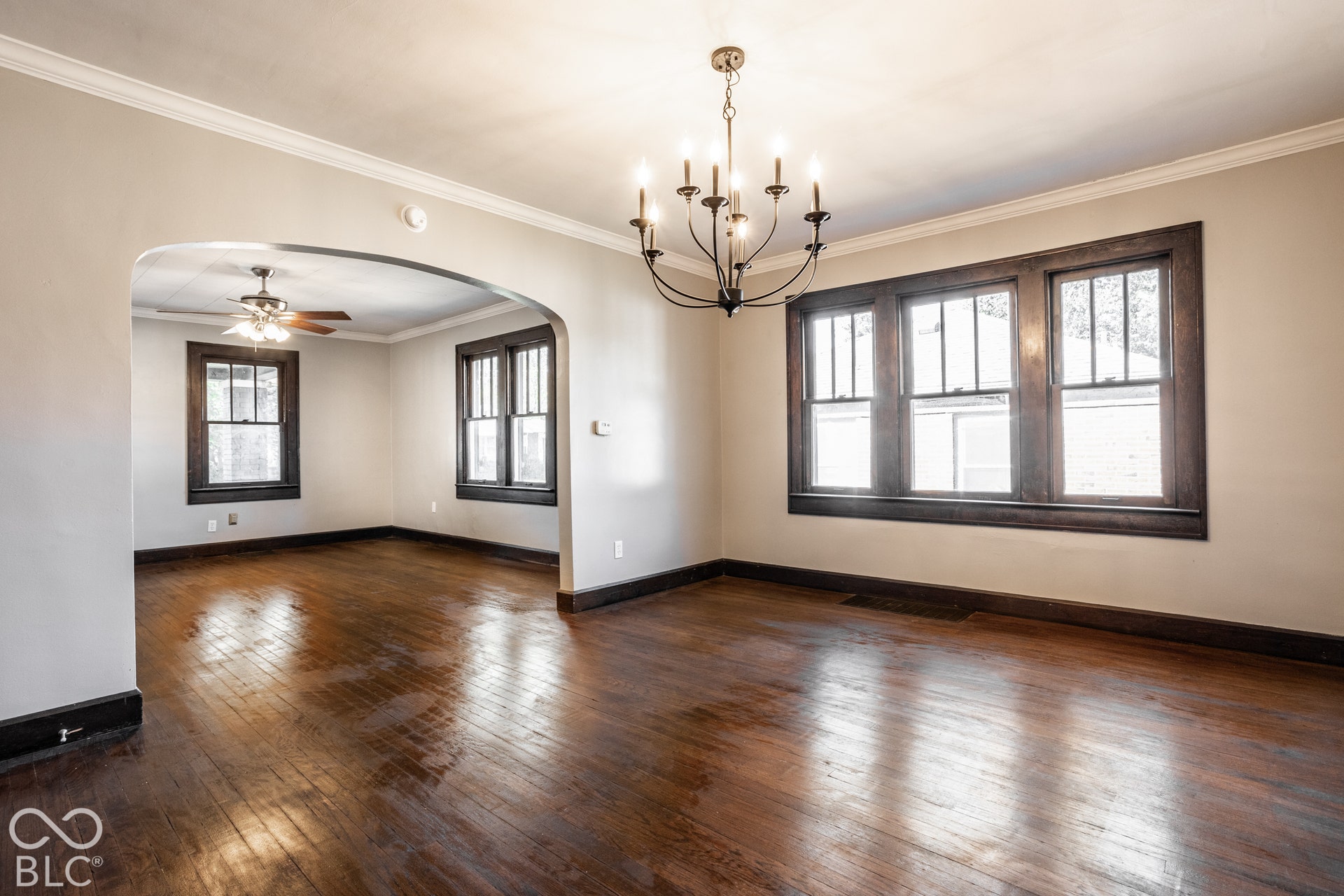 Polished wood-finish flooring, dark wood trim windows, arched entryway, a ceiling fan, and a chandelier