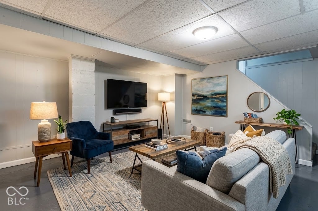 Virtually Altered - Basement living area - Recessed lighting and drop ceiling