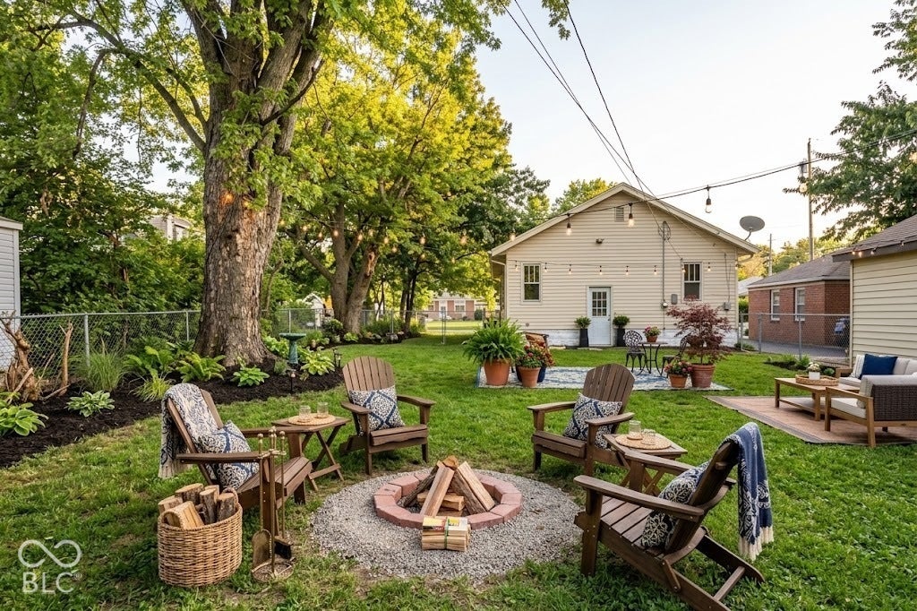 Virtually Altered - Expansive backyard featuring a lush lawn, mature trees, and a built-in fire pit with a gravel surround