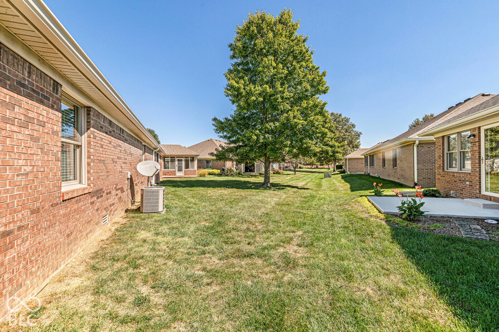 Expansive green space featuring a mature tree, brick exterior, and concrete patio