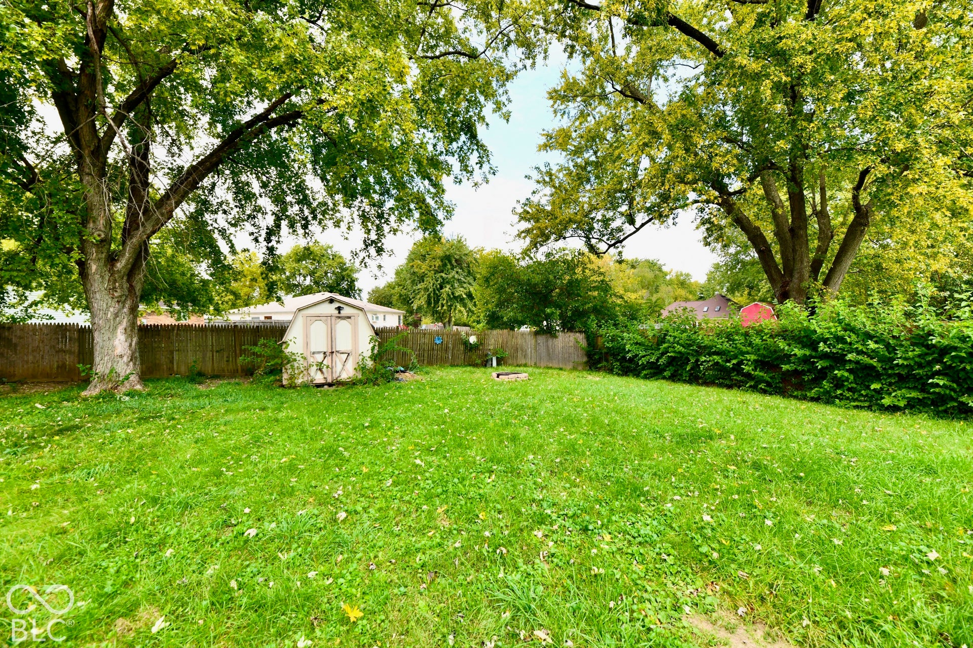 Expansive green lawn with mature trees, privacy fencing, and a storage shed